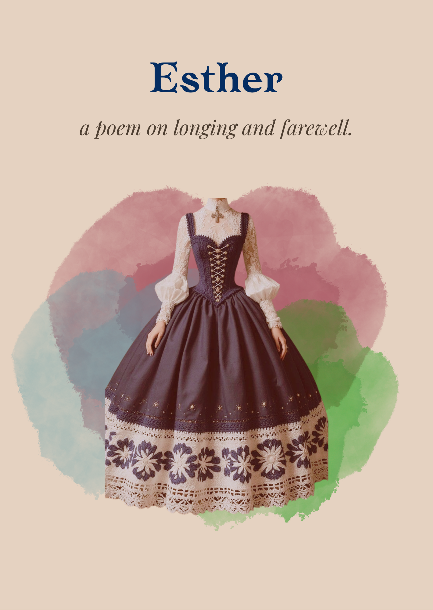 A vintage corseted gown symbolizing Esther, the muse in a poem about longing, creation, and farewell. The dress evokes timeless romance and artistic devotion.